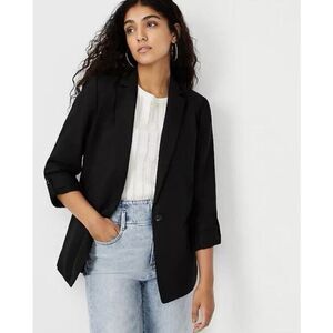 Ann Taylor Button Roll Tab Sleeve Linen Blend Blazer Black Size 0P